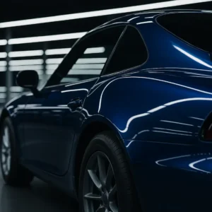 Close-up of a glossy blue coupe under strip lighting, emphasizing smooth surface lines and reflective paint quality on the rear side and door area.