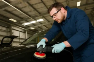 Technician in protective gear carefully buffing the exterior of a black vehicle to restore its finish inside a professional workshop.