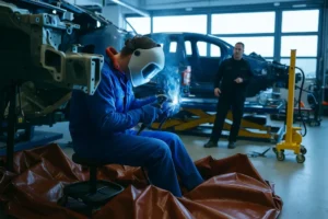 Technician welding the frame of a dismantled car inside a modern garage, with sparks flying and a colleague supervising the structural repair process.