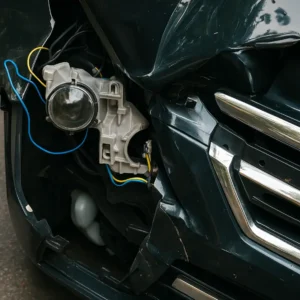 Detailed view of a car’s front corner showing bent metal, exposed wiring, and a dislodged headlight after a roadway impact.