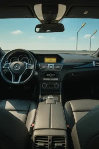 View from the rear seat of a premium car interior with a clean dashboard and modern controls, ideal for showcasing post-restoration detailing and quality interior work.