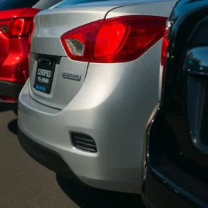 Close-up view of a silver car’s rear panel between two vehicles, highlighting surface alignment and paint reflection, often reviewed during automotive restoration services.