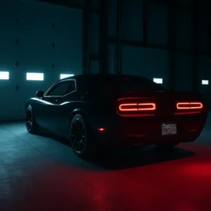 Dark muscle car with illuminated taillights parked in a garage, emphasizing rear body contours and reflective surface for structural and paint evaluation.