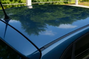 Smooth and reflective car roof surface with clear sky and trees mirrored on the paint, highlighting expert surface correction and panel restoration.