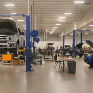 Full-service automotive garage with trucks elevated on lifts, open hoods, and technicians’ workbenches arranged for comprehensive vehicle restoration and inspection.