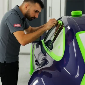 Technician applying precision masking tape around a car window in preparation for paint refinishing in a clean, professional workspace.